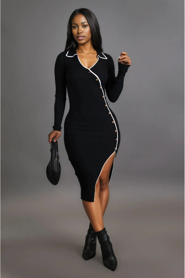 Black Long Sleeve Button Accent Midi Dress