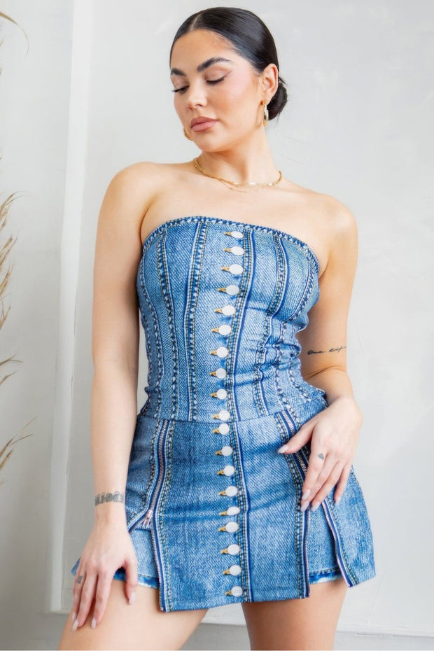 Faux Denim Effect Corset Top & Bottom Set