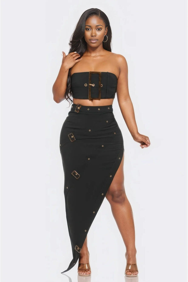 Eyelet Buckle Belt Top And Skirt Set