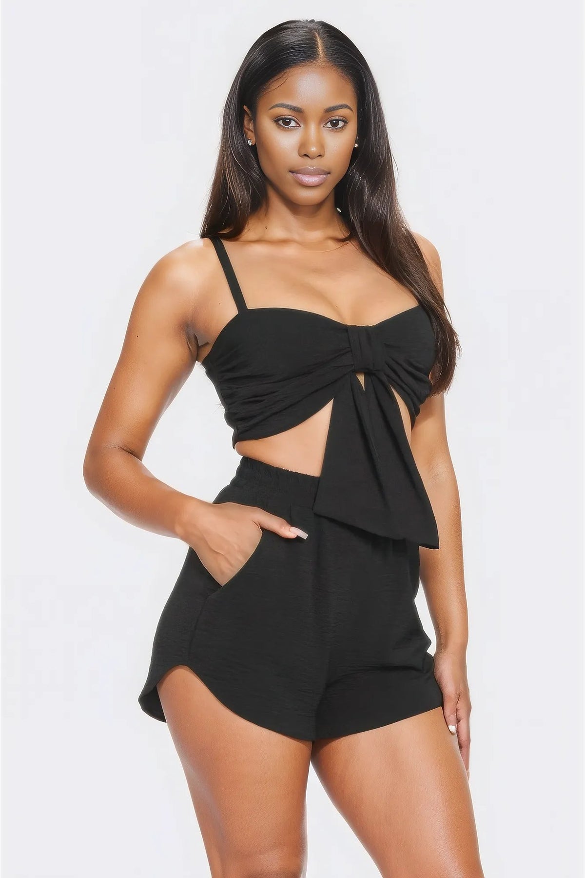 Bow Twisted Tie Top And Shorts Set