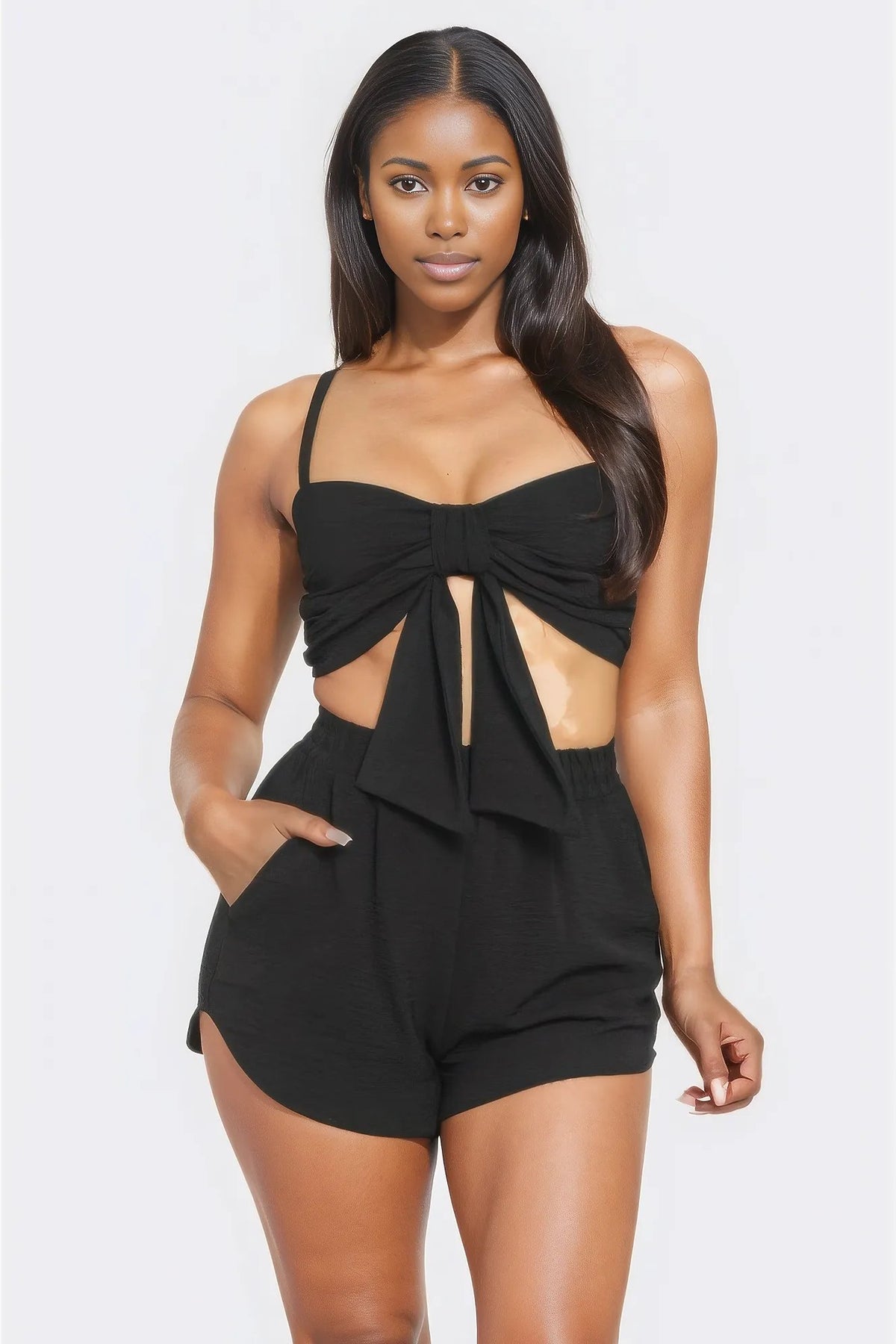 Bow Twisted Tie Top And Shorts Set