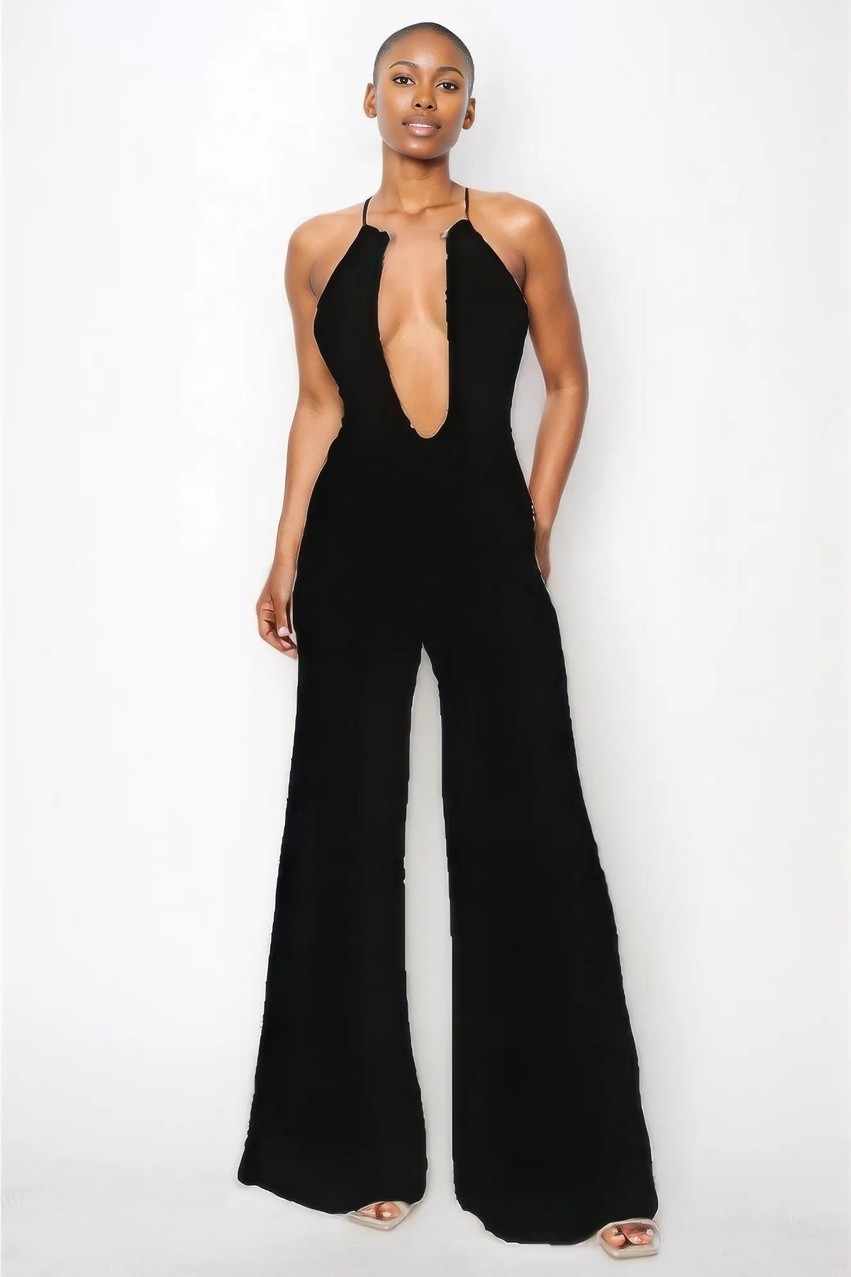 Black Wide Leg Jumpsuit Metal Choker Necklace